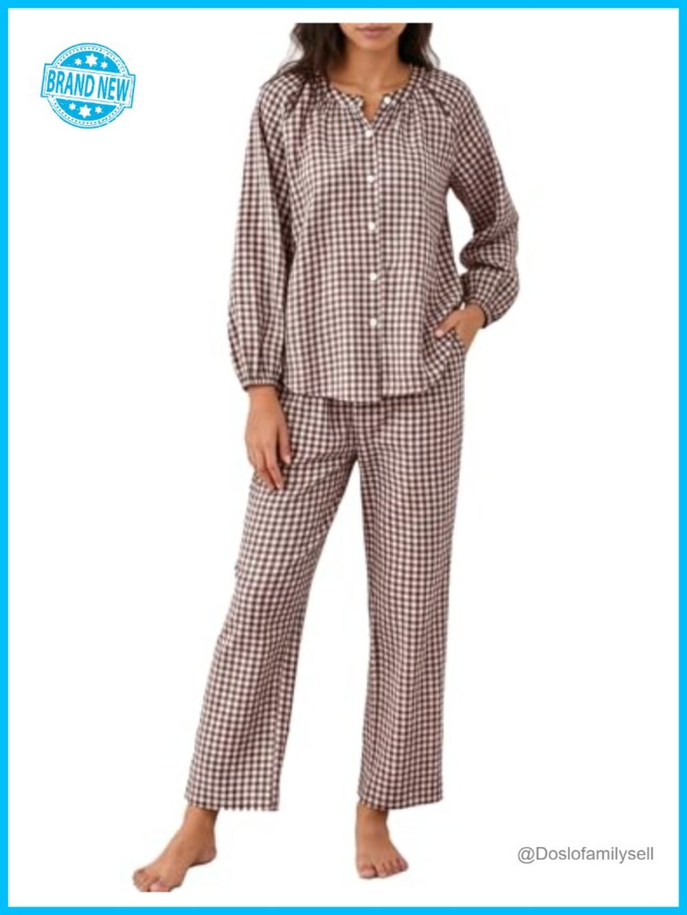 100% Cotton Gingham Pajama Set Button Up Puff Sleeve 2 Piece Pajamas